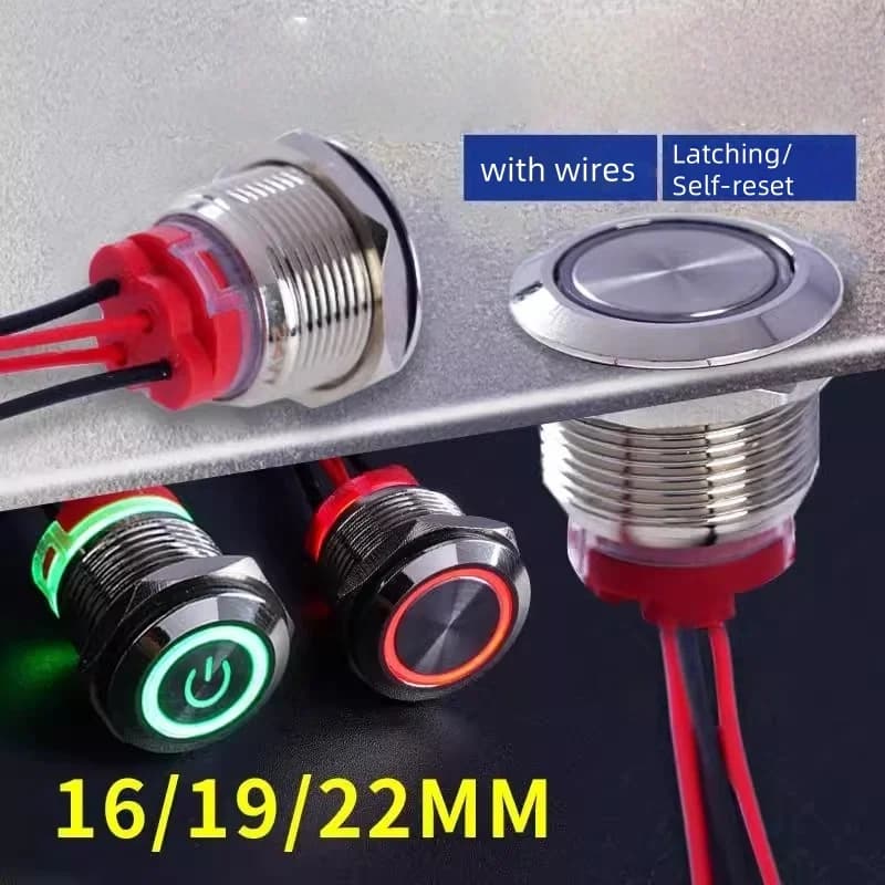 Pulsante/Interruttore a pressione 16/19/22mm corto in metallo argentato 6/12/24/220V autobloccante con luce e cavo da 15cm per auto on/off