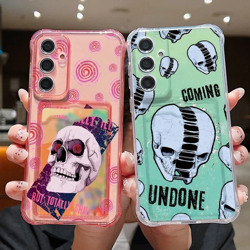 Custodia Morbida Trasparente con Motivo Teschio Floreale e Porta Carte per Samsung Galaxy S26 S24 S23 Ultra S22 Plus S25 Edge S25 FE
