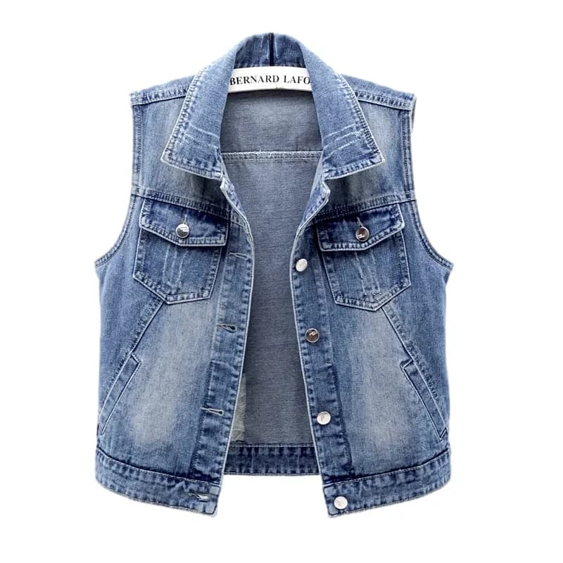 Summer Vintage Blue Holes Pocket Denim Vest Women Slim Short Student Cowboy Waistcoat Korean Casual Sleeveless Jeans Vest Female