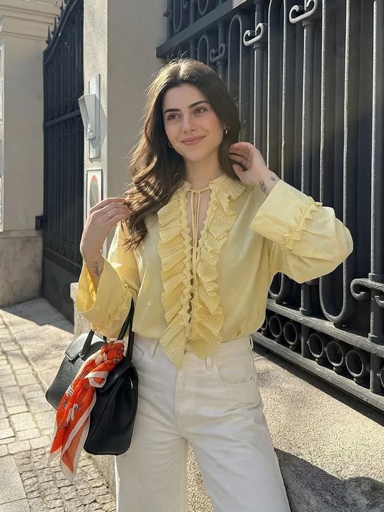 Camicetta Gialla a Maniche Lunghe con Scollo a V e Volant per Donna, Abbigliamento da Ufficio Primaverile ed Estivo, Top Casual Business