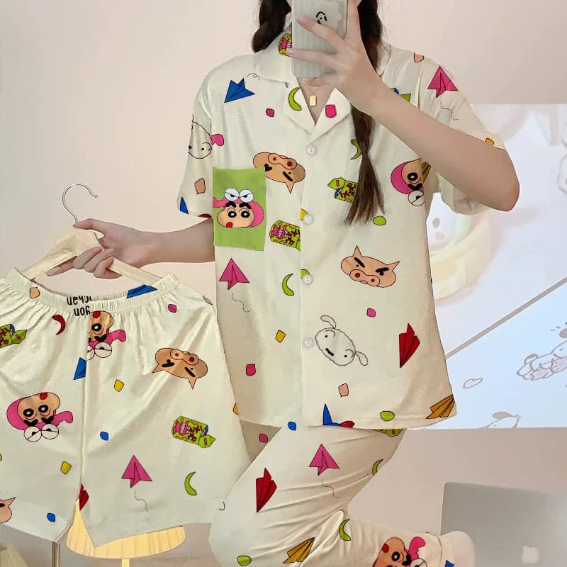 Cartoon Crayon Shin-Chan 3Pcs Pajamas Suit Anime Woman Cotton Cardigan Short Sleeved Shorts Pants Cute Girls Homewear Set