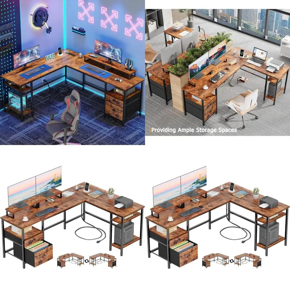 L-shaped rustic gaming desk with power socket, holders, document drawer and 2 monitor supports for home office