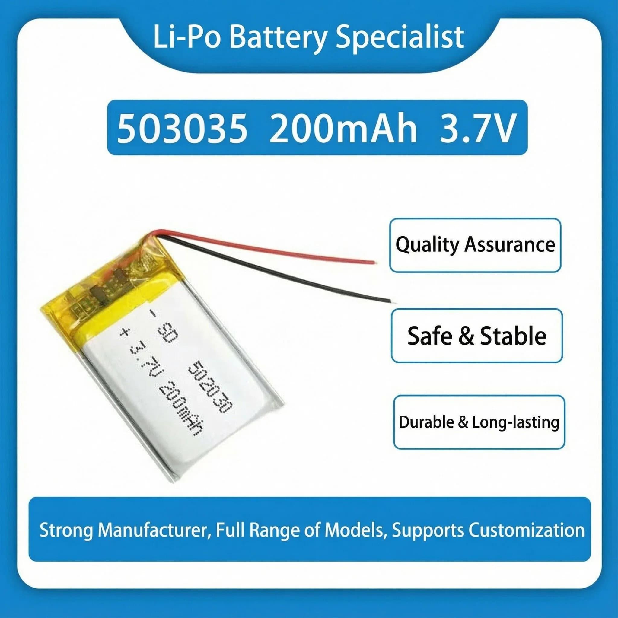 Batteria ricaricabile ai polimeri di litio da 3,7 V 500 mAh 503035 di ricambio per registratore per auto, navigazione GPS, lettore VR, MP3, DVD