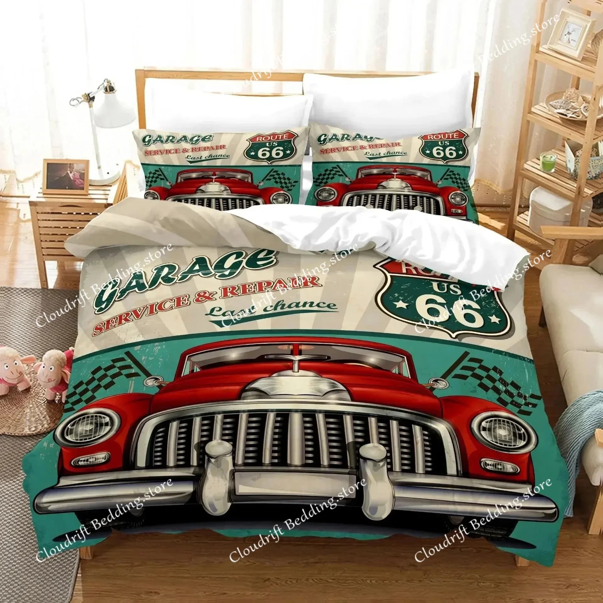Copripiumino con auto d'epoca, set di biancheria da letto con auto americane nostalgiche, copripiumino in poliestere con auto classiche per ragazzi e adolescenti