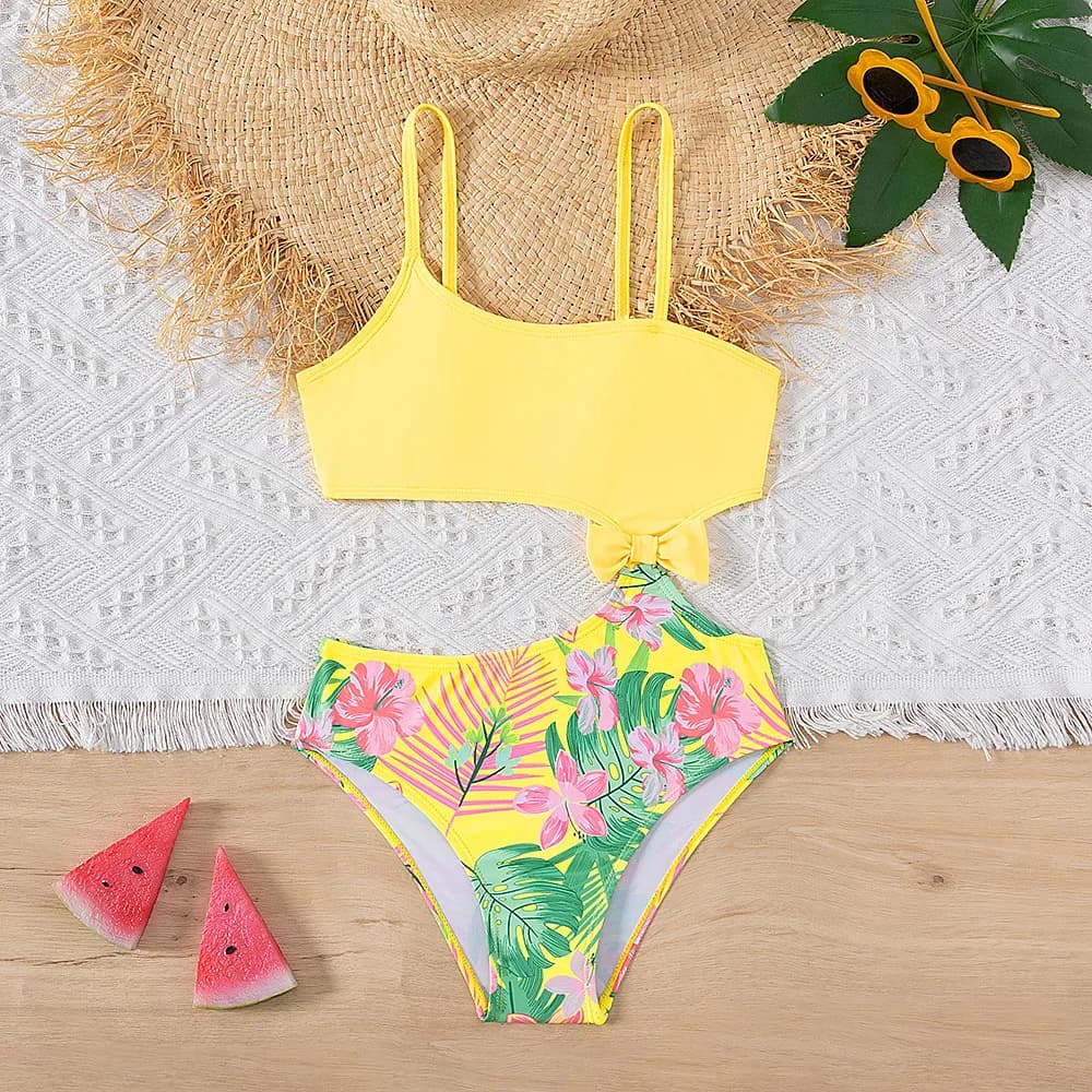 Girls 1-piece High Stretch Flowers Pattern Spaghetti Strap Bowknot Linked Swimsuit For Beach Pool Party for Birthday Holidays