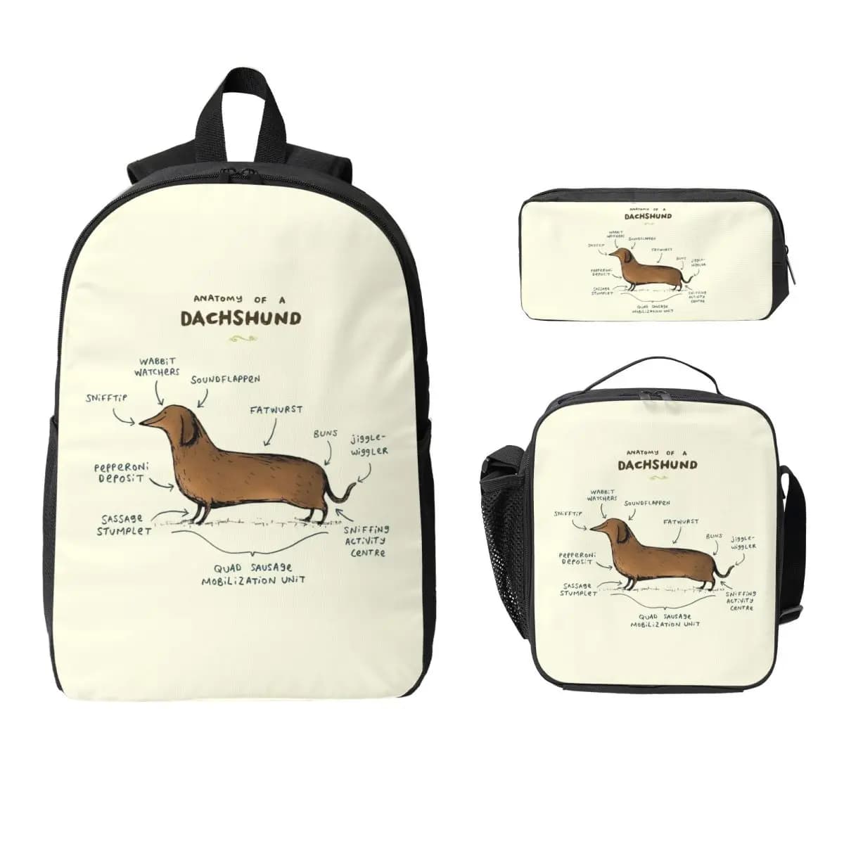 Anatomy Of A Dachshund Backpack Student Boys Girls BookBag School Bag Laptop Shoulder Bags 3ps Insulated Lunch Bag Pencil Case