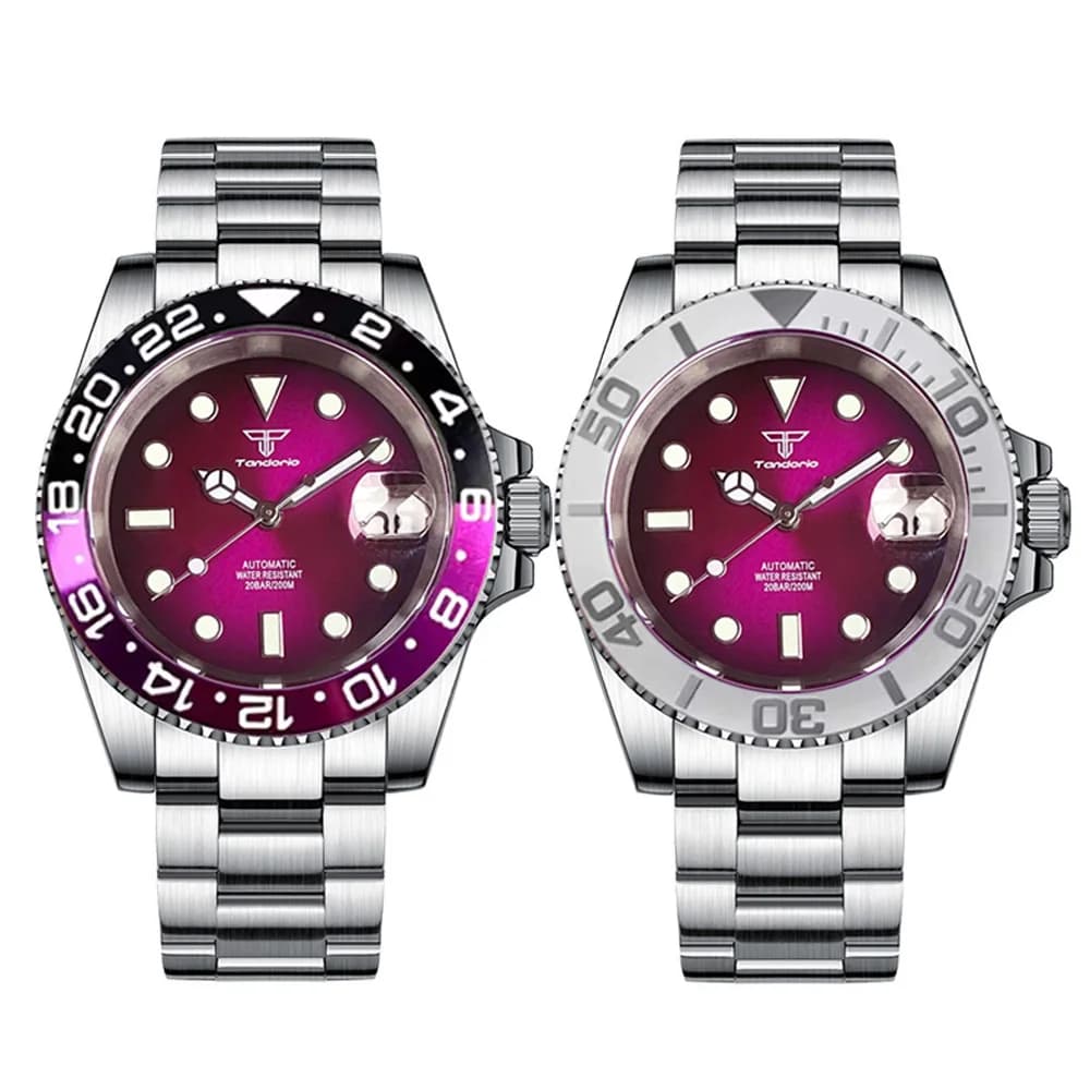 200M Diving Tandorio 40mm NH35A Orologio meccanico da uomo Lume Viola Sunburst Quadrante Inserto in lega Zaffiro Bracciale in acciaio inossidabile