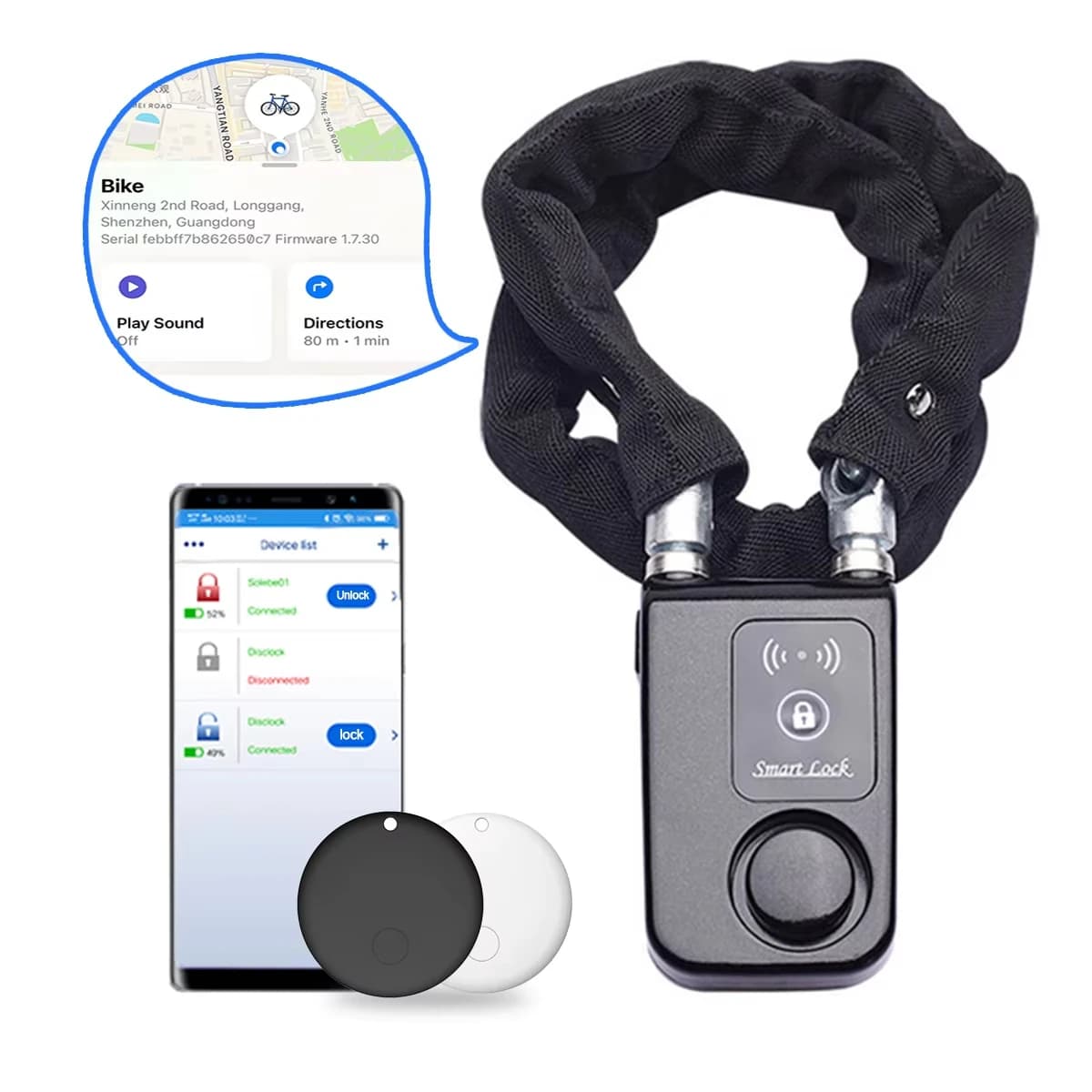 110dB Alarm Bike Chain Lock with AirTag Slot IP55 Waterproof Anti-Theft Steel Security Lock for Bicycle Motorcycle Scooter