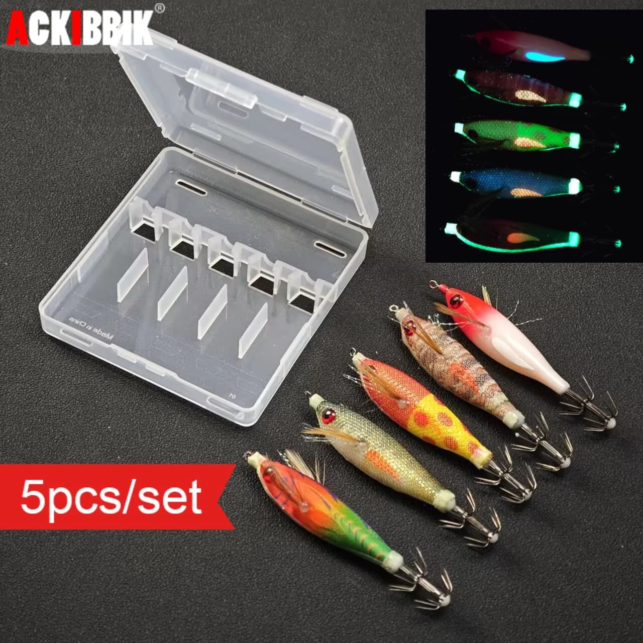 Set of 5 horizontal light baits for 8 cm squid, set Horizontal Egi, UV fishing gear for sepia, shrimp and octopus, set of sepia fishing gear