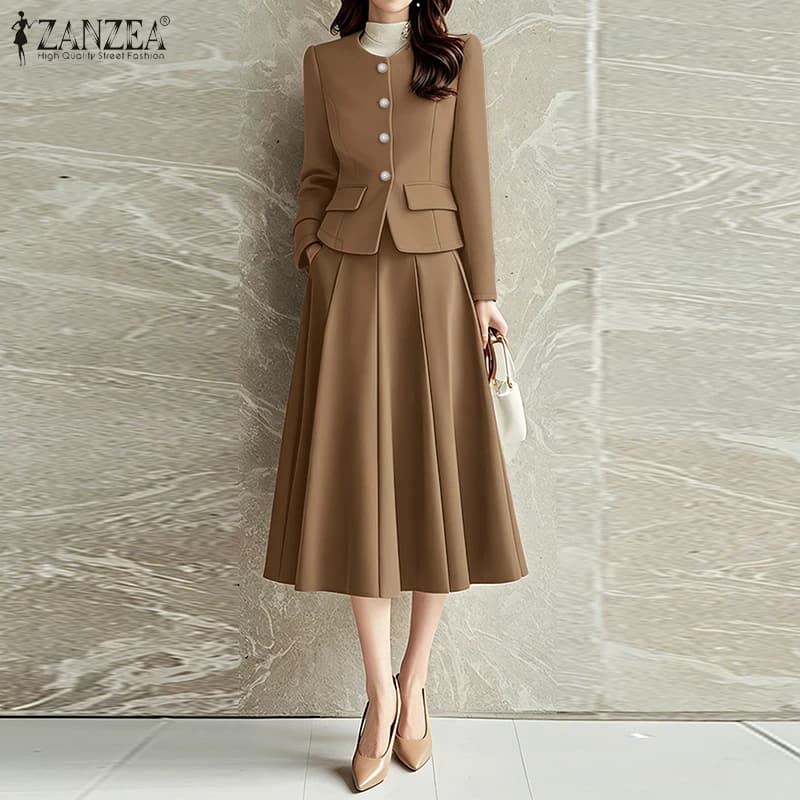 Elegant Office Complete 2 Pieces ZANZEA 2026, Women's Spring Outfit, Long Sleeved Shirt with skirt, Fashion OL Work Set
