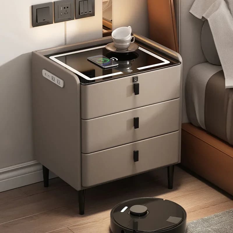 Comodino semplice e moderno intelligente, in legno massello, con ricarica wireless, audio, blocco delle impronte digitali, armadio multifunzionale per la camera da letto