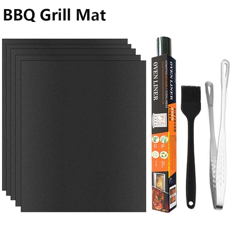 Non-Stick BBQ Grill Mat Set with Oil Brush and Tongs Heat-Resistant Outdoor BBQ Grill Mat for Charcoal Grills Reusable Mats