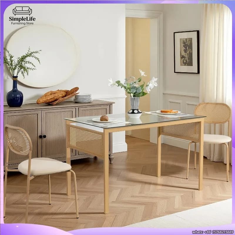 Set di 2 sedie da pranzo in rattan con cuscino imbottito e copripiedi antiscivolo, mobili moderni per soggiorno, cucina e casa