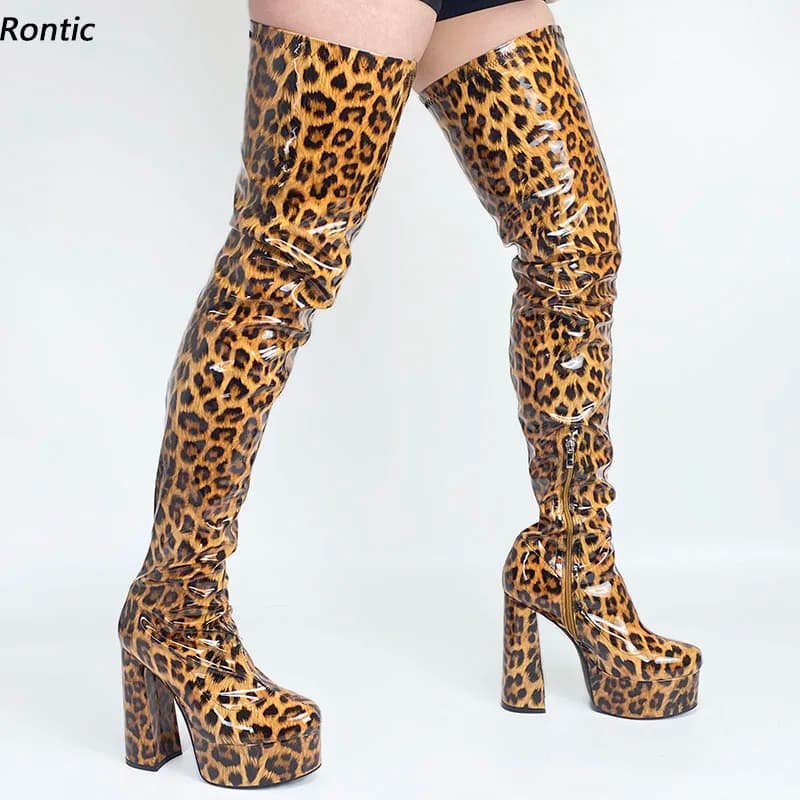 Rontic New Women Spring Thigh Boots Super Sexy Leopard Waterproof Chunky Heels Round Toe 5 Colors Night Club Shoes US Size 5-15