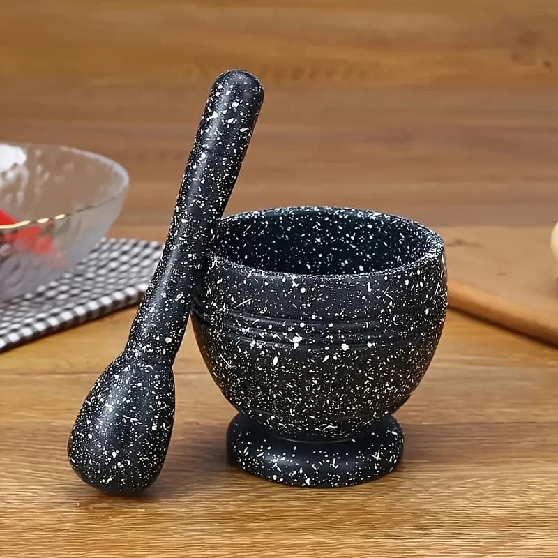 Speckled Black Resin Mortar and Pestle Set Non-Slip Base Spice Grinder Garlic Masher Herb Crusher Manual Grinding Bowl Kitchen