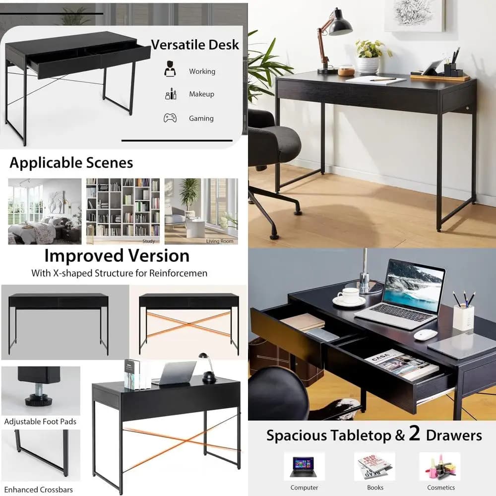 Scrivania per laptop in legno a 44 cassetti doppi per studio e ufficio domestico, colore nero