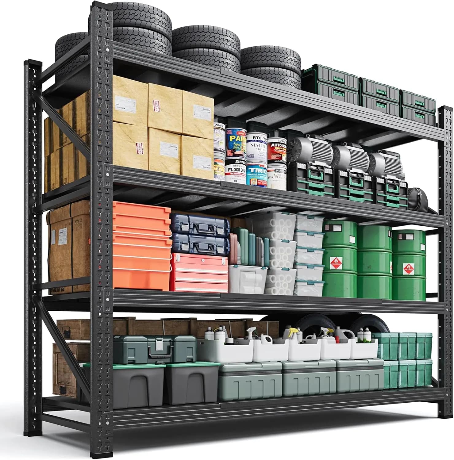 Four Tier Adjustable Heavy Duty Garage Shelving Units, Extra Wide Metal Storage Shelves for Shop Warehouse Industrial Organization, Large Utility Rack Organizer Display Shelf, Black