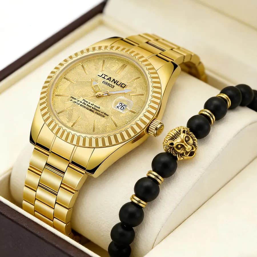 Orologio da uomo di lusso con cinturino in acciaio, calendario, design goffrato, elegante, dorato, al quarzo, set da 2 pezzi con bracciale a forma di leone.