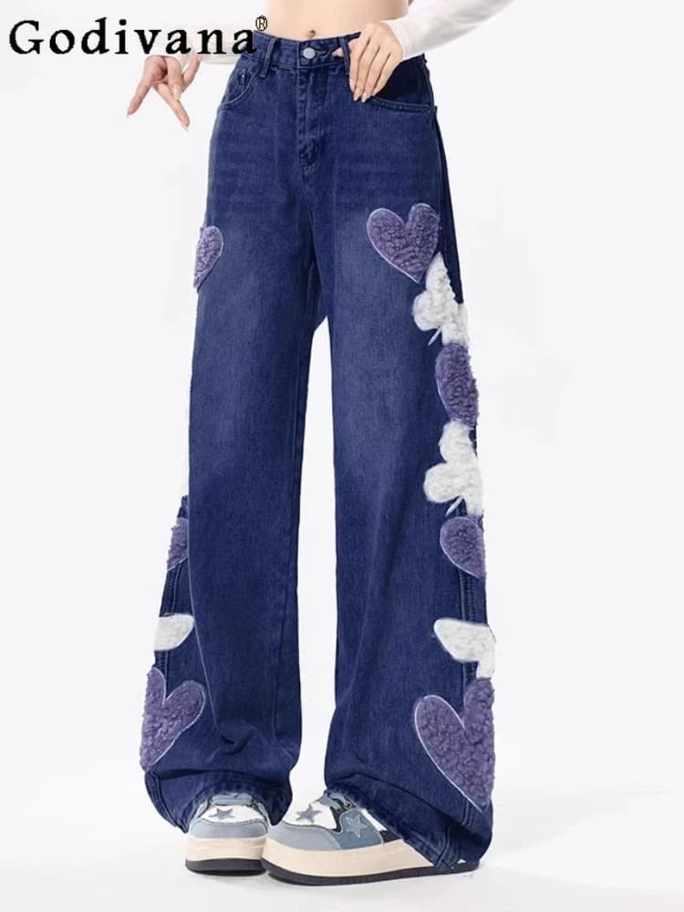 Di grandi dimensioni 2XL-6XL donne allentate a vita alta autunno inverno moda jeans coreani a forma di cuore ricamo blu pantaloni dritti a gamba larga
