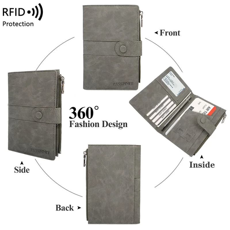1Pc RFID Blocking Passport Holder Bag Zipper Hasp Travel Wallet with Ticket Inner Card Slot PU Leather Passport Cover Case Pouch