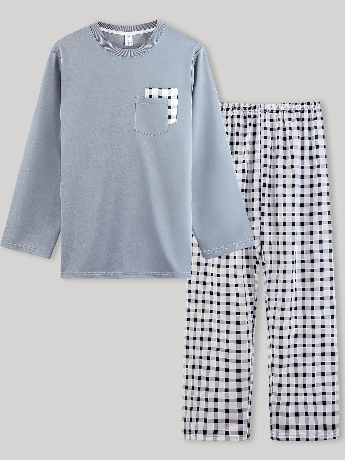 Men's Small Checkered Patchwork Pocket Pajama Set: Round Neck Long-Sleeve Soft Knit Top + Elastic Waist Plaid Long Pants Casual Home Sleepwear Set