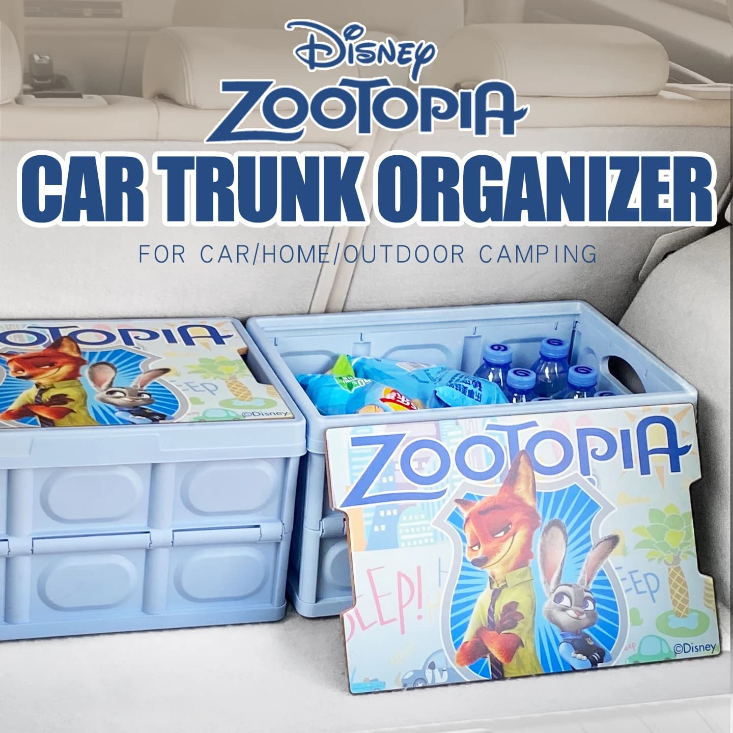 26L Disney Zootopia simpatico organizer pieghevole per bagagliaio dell'auto, contenitore pieghevole con coperchio, accessori universali antiscivolo
