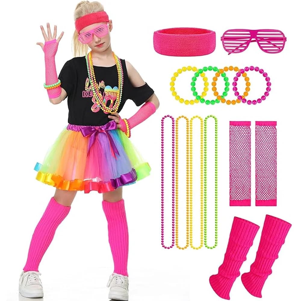Costume Anni '80 per Bambine, T-Shirt, Gonna Tutu Arcobaleno, Accessori Neon, Occhiali, per Halloween, Carnevale, Feste a Tema, Travestimento Disco
