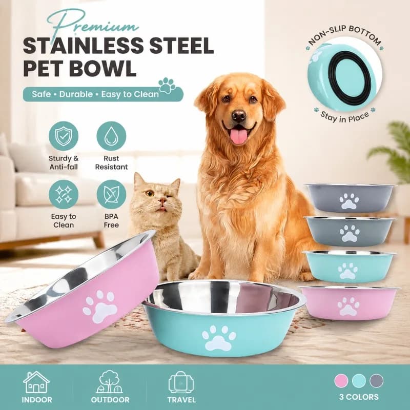 Non-Slip Pet Bowl Cute Paw Print Dog Cat Food Water Bowl Anti-Skid Puppy Kitten Feeding Dish Basin for Indoor Outdoor Travel