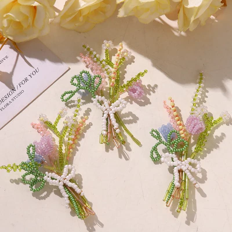 Shoe Charm 1 Piece Seed Bead Tulip Flower Cluster with Bow Green Garden Style for Clogs Jelly Shoes Clear Crystal Korean