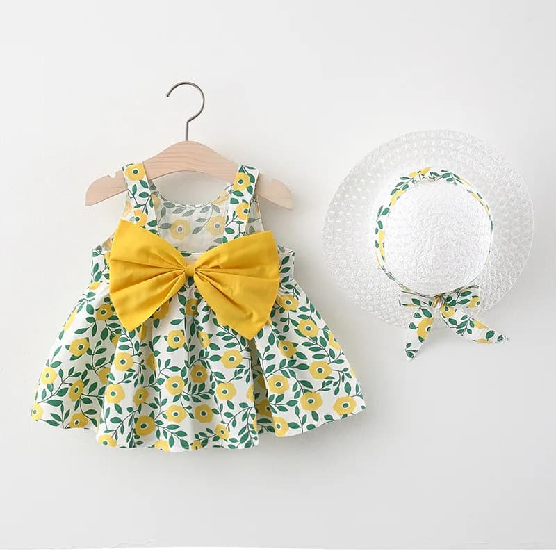 2Pcs/SetSummer floral large bow grass hat skirt for girls Korean version suspender dress with hats as a gift