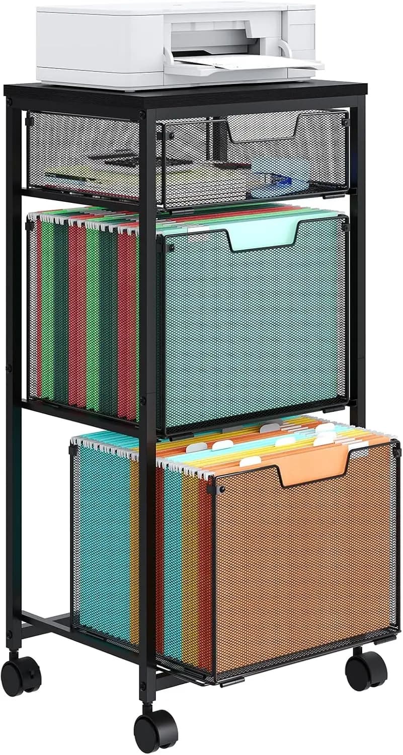Armadietto Portadocumenti Mobile a 3 Cassetti con Ruote Bloccabili, Organizzatore per Cartelle Sospese, Carrello Multiuso e Supporto per Stampante in Nero