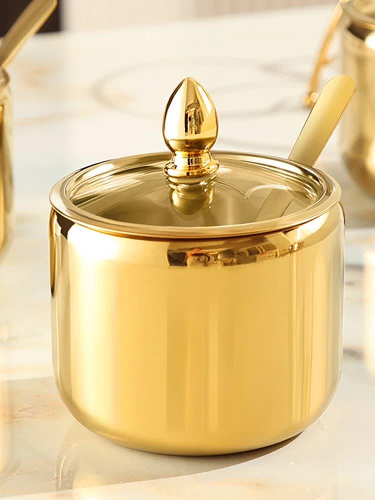 Set di barattoli per condimenti in acciaio inossidabile 304 dorato - Contenitori per spezie da cucina domestica con cucchiai e portaoggetti