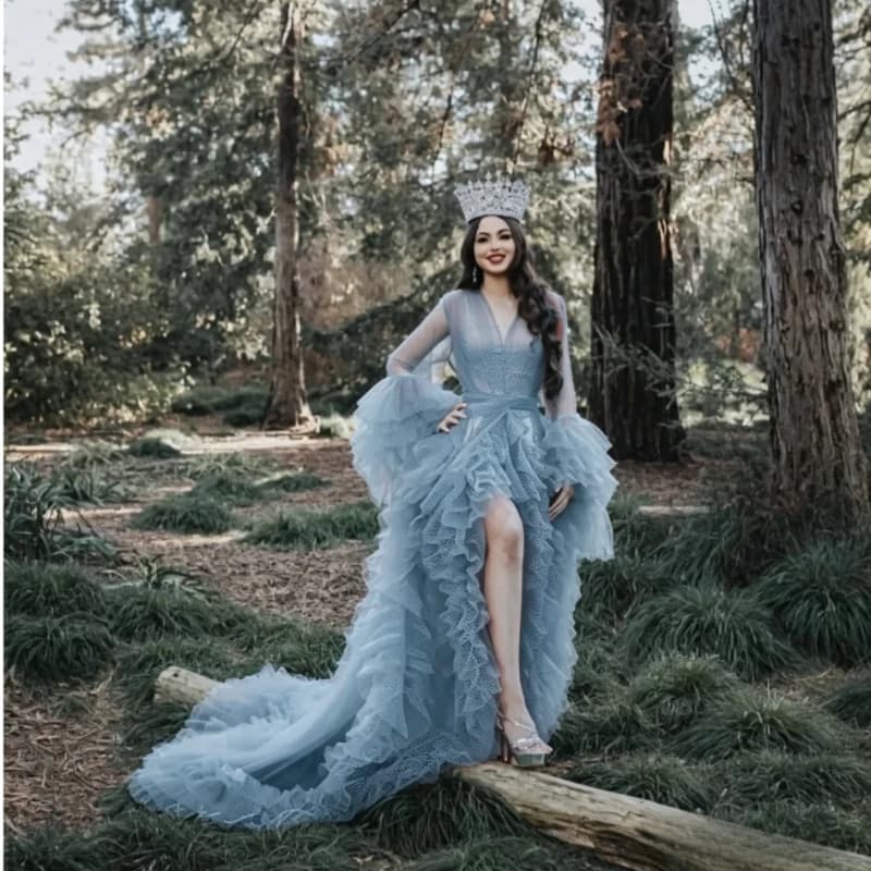 DUSTY BLUE Ruffle Tulle Robe Dress Photography Prop, Flowy Open Front Maxi Gown for Wedding ceremony Shoot, bridesmaid dress
