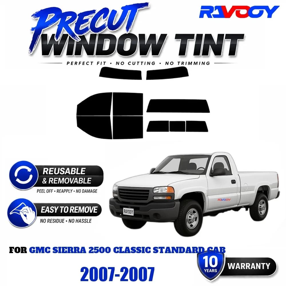 Precut Window Tint, Reusable Removable EPU Film, Custom Fit for Gmc Sierra 2500 Classic Standard Cab 2007, UV Heat Protection