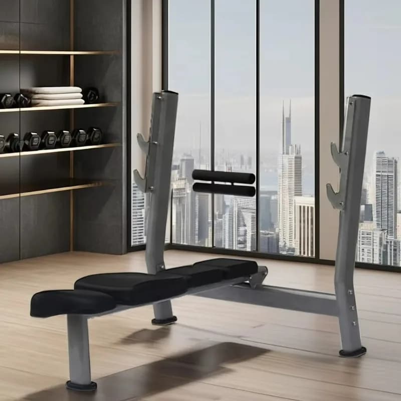 Flat weight bench for commercial fitness gym Stable steel metal bench with plate and handlebars Gym bench for bodybuilding