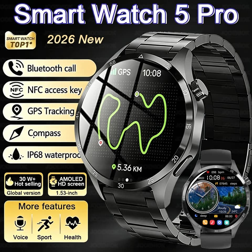 Nuovo Smartwatch Sportivo Originale 2026 Watch 5 Pro da Uomo con GPS, Bussola, Impermeabile, Chiamate Bluetooth e Monitoraggio Frequenza Cardiaca per Android e iOS