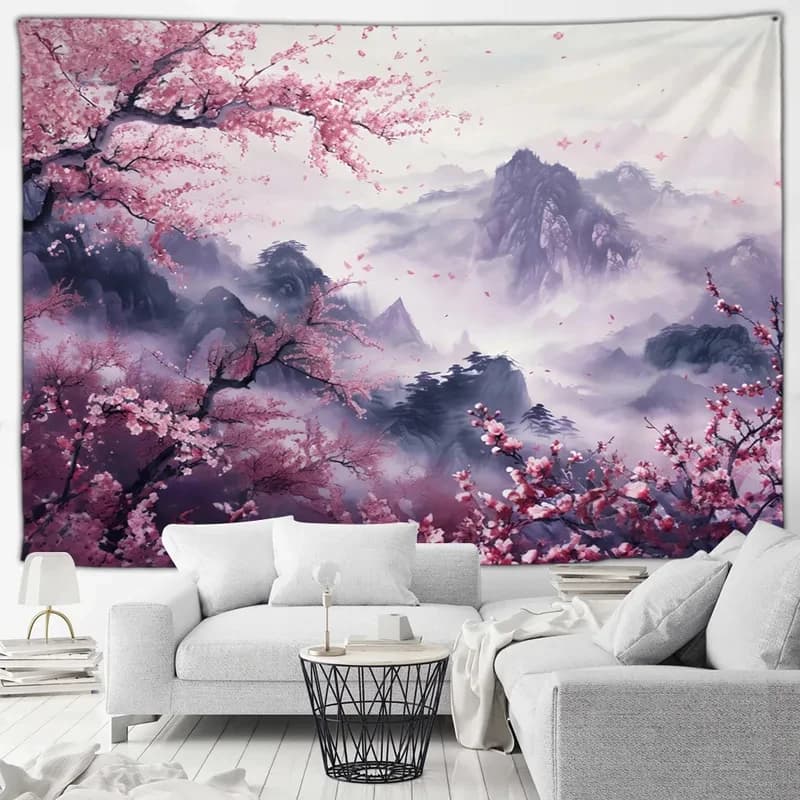 VIKAMA Chinese Style Cherry Wall Hanging Misty Mountain Falling Sakura Petals Soft Pastel Aesthetic Home Decor Tapestry