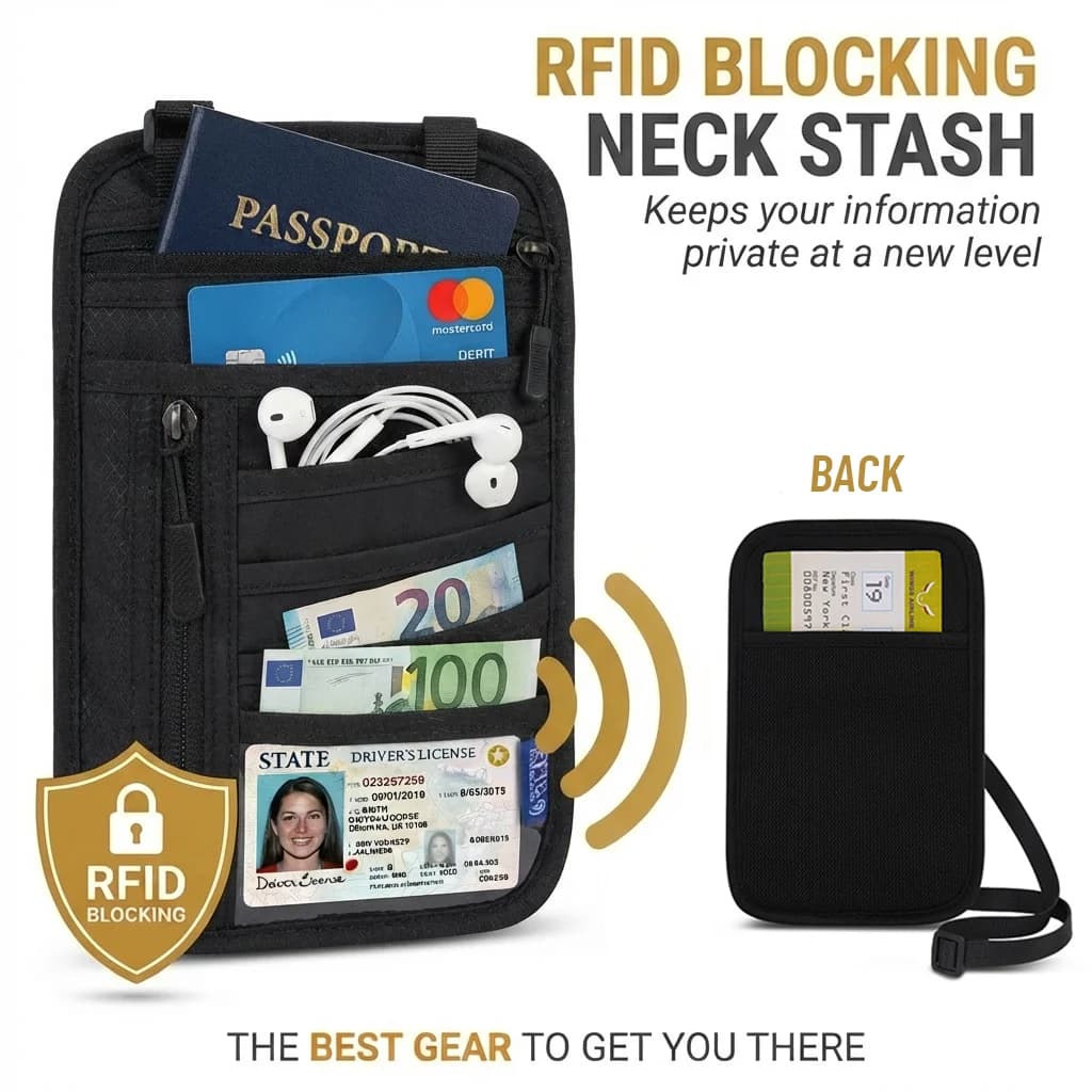 Porta Passaporto da Collo Premium con Blocco RFID, Impermeabile, da Viaggio, con Tracolla Regolabile, Multitasche, Borsa Antifurto per Carte