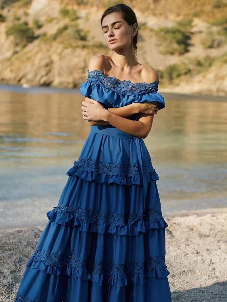Nuovi abiti lunghi monospalla con balza Abito primaverile da donna senza maniche in pizzo a strati Abito estivo a vita alta con grande altalena alla caviglia
