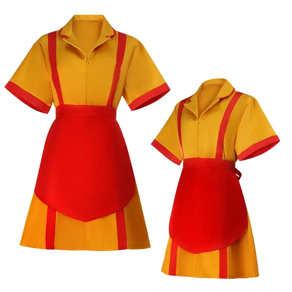 2 Broke Max Cosplay Costume Caroline Waitress Uniform With Apron Yellow Maid Uniform Halloween Party Dress Outfit