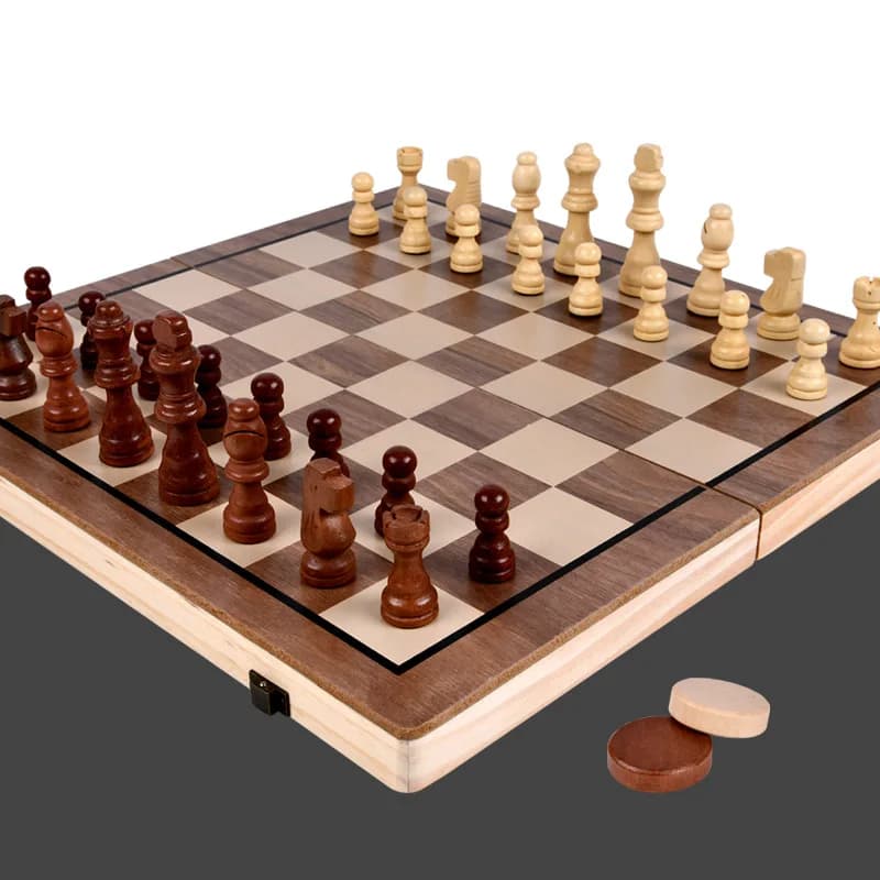 Magnetic folding 2-in-1 wooden chess and checkers game set for children and adults