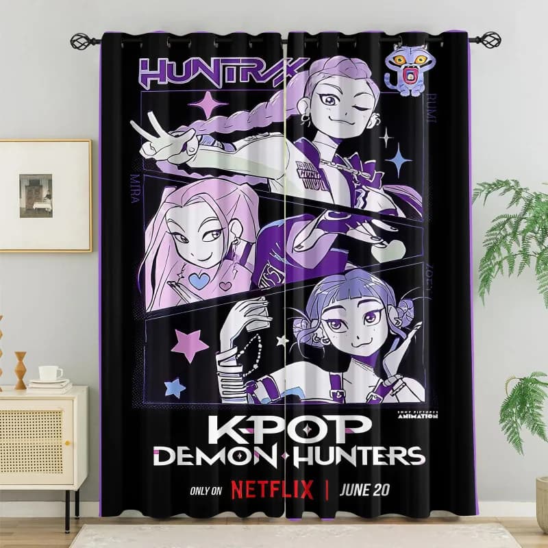 2 pz Tende Oscuranti Hasbro Kpop Nere Viola con Stampa Anime Girl, Tende a Oeillets per Camera da Letto e Soggiorno
