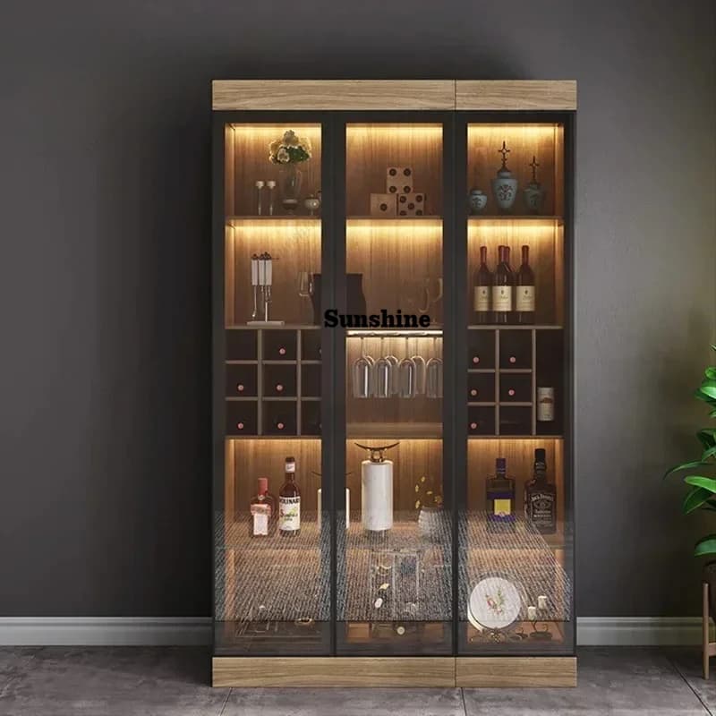 Mobile Bar per Casa, Cantinetta Vini Moderna con Vetrina, Mobile Espositore in Legno Massello per Vini