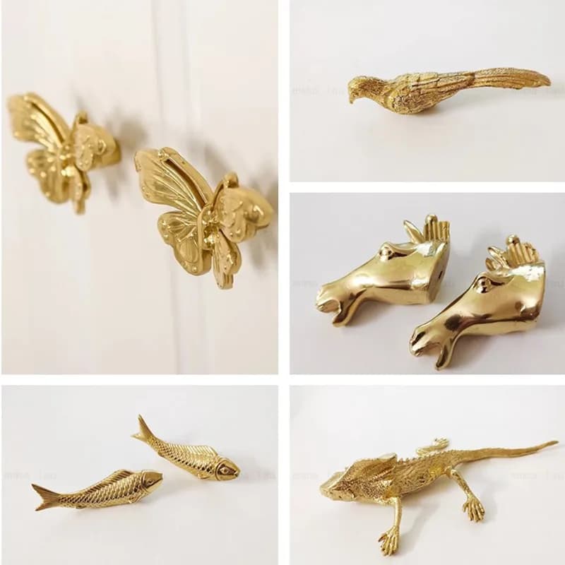 Maniglia per mobili in oro Manopole per porte in ottone massiccio Farfalla Uccello Pesce Maniglie a foro singolo per maniglie per cassetti dell'armadio da cucina