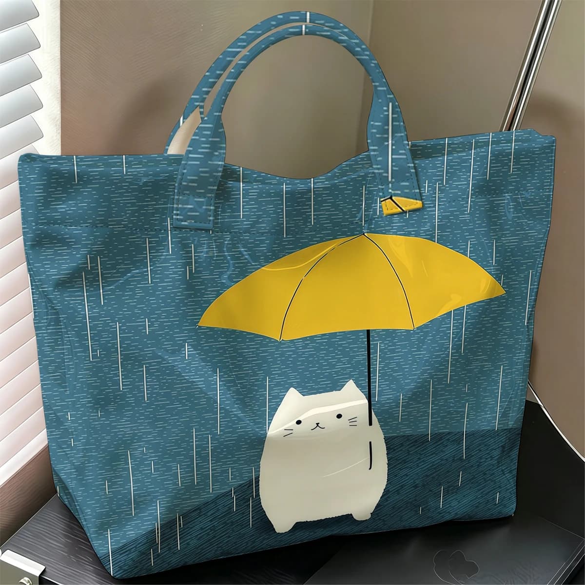 Rainy Cat Cute Large Glossy PVC Tote Bag Hand Washable Lightweight Soft Great for Travel Commute Makeup Storage Handbags