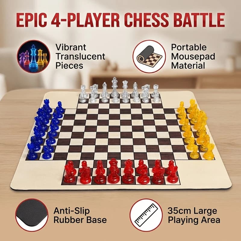 Four-Player Chess Set with 4 Color 64 PCS See-Through Pieces, a Portable Non-Slip Mousepad Board Measuring 35Cm/13.8In