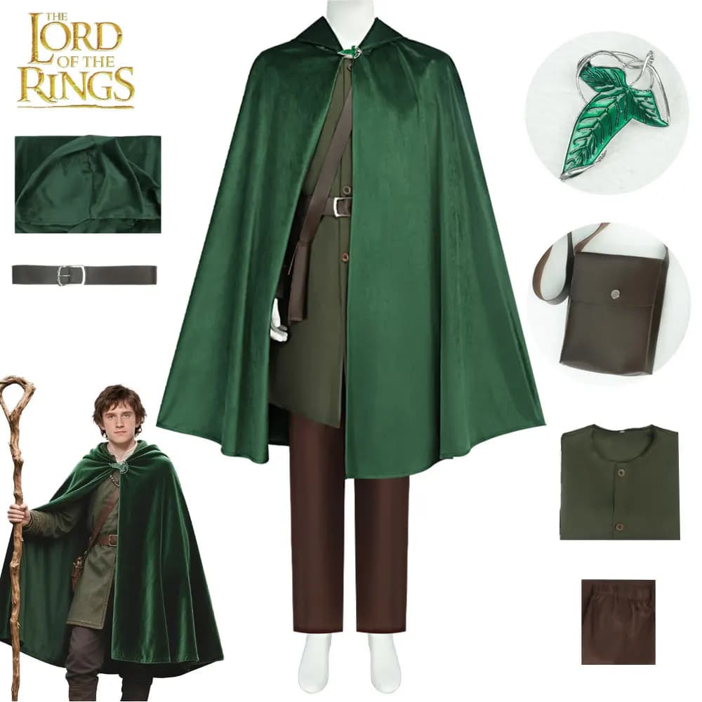 Hobbit Cosplay Costume Bilbo Baggins Medieval Cloak Renaissance Cloak Lord of The Rings Halloween Cape Vestment with Brooch