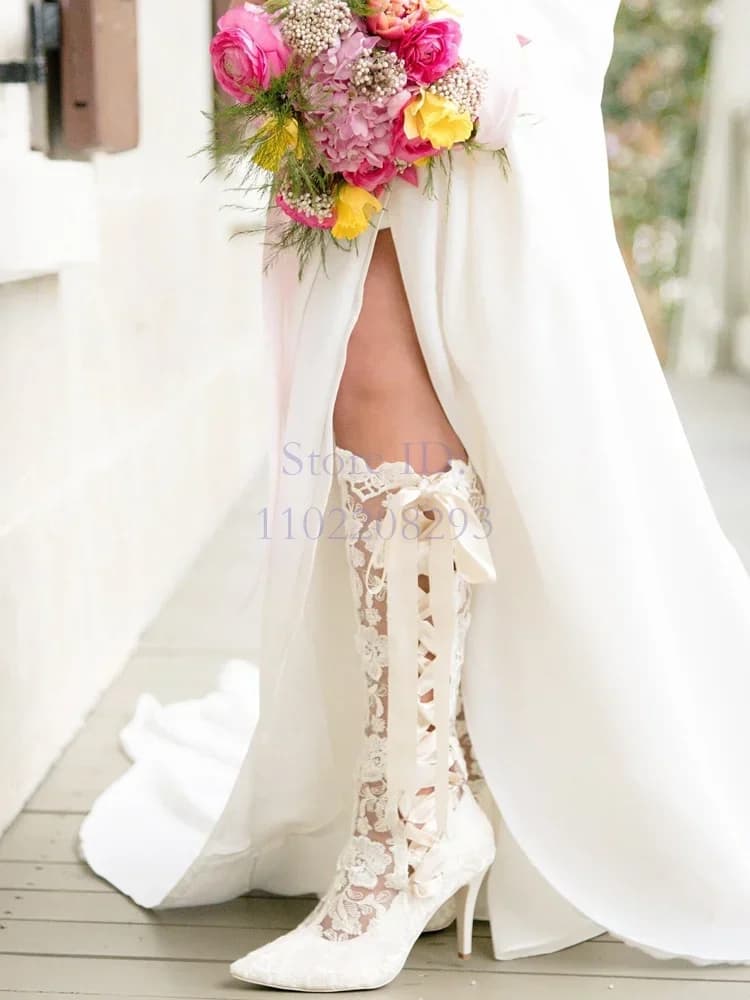 White Lace Crossed Knee Boots Silk ribbon Stylish and modern New Autumn Women's Fashion Wedding Shoes 2025