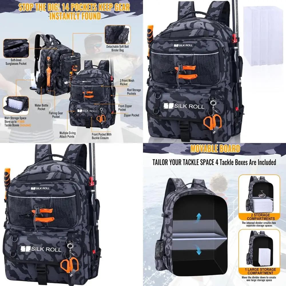 50L Fishing Backpack with Candle and 4x Storage Boxes 3600 - Waterproof Backpack for Organization Fishing Equipment