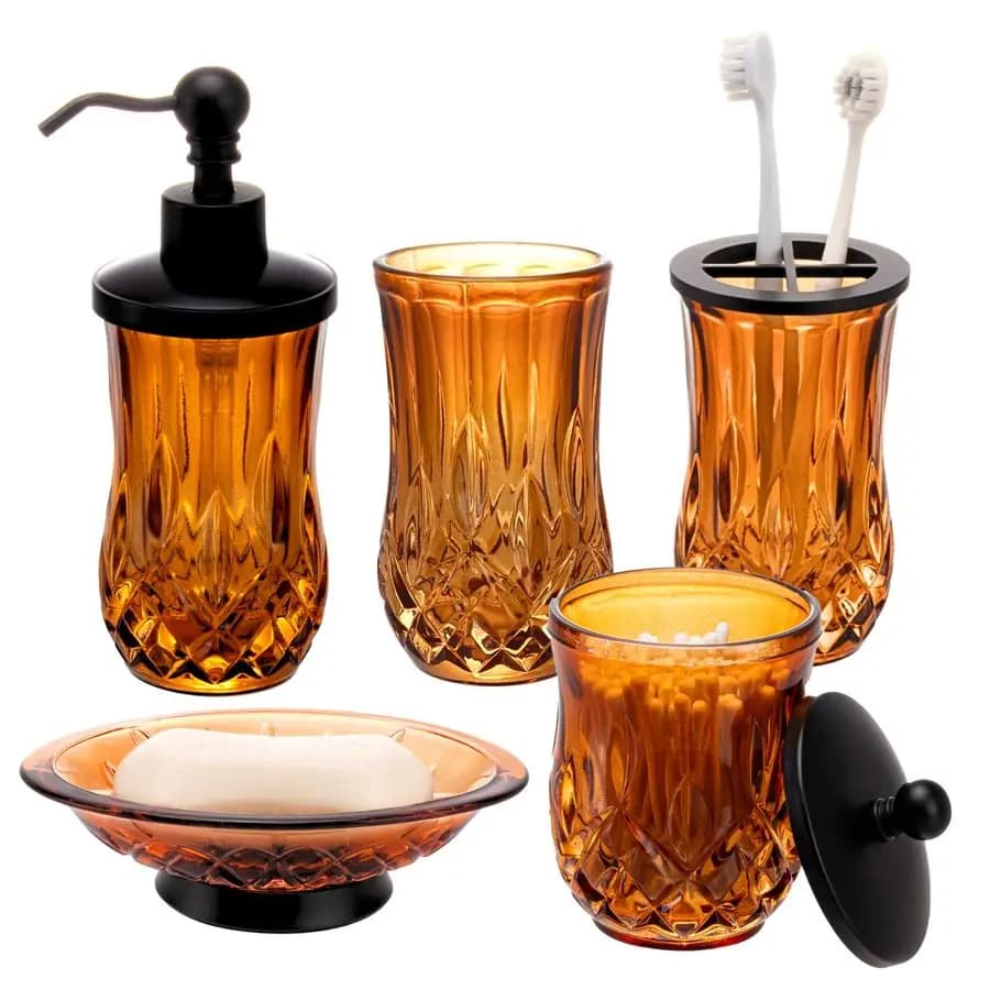 Set di Accessori, 5 Pezzi in Vetro Ambrato per Bagno, Set Completo con Dispenser per Sapone Liquido, Portaspazzolino, Portasapone, Bicchiere